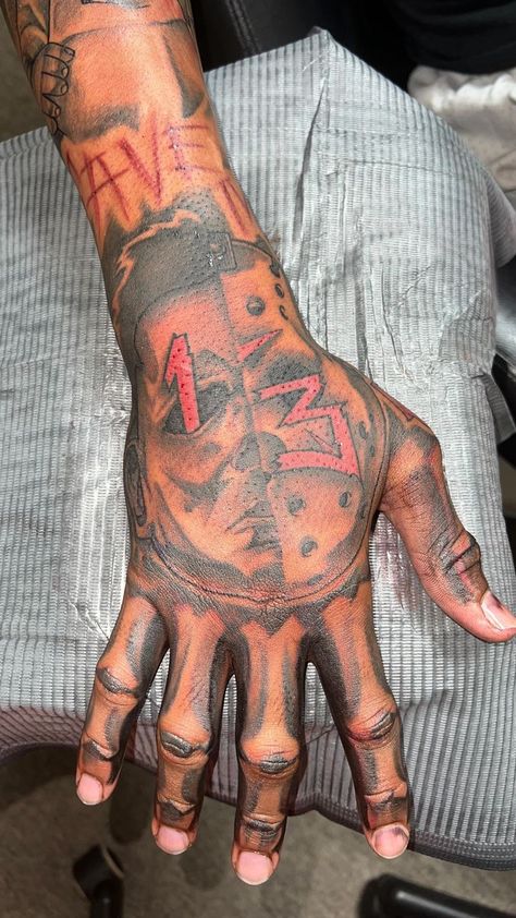 𝕭𝖎𝖌𝕷𝖔𝖔𝖙 on Reels | Hunxho · Self Revive | Reels Chucky Arm Tattoos, Jason Hand Tattoo, Exotic Tattoos Men, Y2k Tattoo Men, Hand Tattoos For Black Guys, Black And White Tattoos For Men, Hood Hand Tattoos, Fear None Tattoo Men, Black Man Tattoo