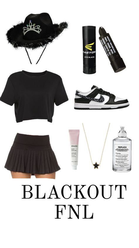 Cute Black Out Football Game Outfits, Football Theme Outfit Ideas, Blackout Theme Outfit Football, Blackout Outfit Spirit Week, Galaxy Themed Outfits, Black Out Outfits For Football Games, Whiteout Football Theme Outfit, Blackout Football Game Theme Outfit, Black Out Football Game Outfits