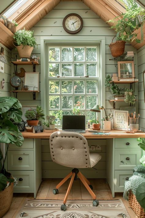 16 Gorgeous She Shed Interior Ideas You’ll Love 17 Shed Studio Interior, Interior Shed Design Ideas, Window Shed Ideas, Zen She Shed, Interior Designers Outfits, Small Crafting Room Ideas, She Shed Cabin, Sunroom Office Decorating Ideas, Home Studio Inspiration