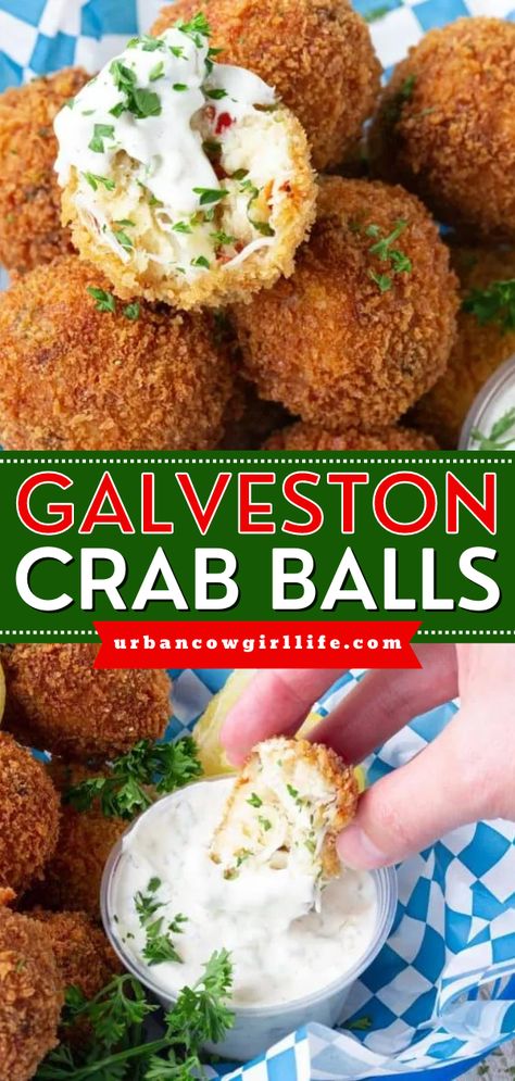 Put this Galveston Crab Balls Recipe on your New Year's Eve party ideas! Fried to crispy perfection, these copycat Shrimp n’ Stuff crab balls are a holiday appetizer everyone will love. Great as a Christmas party food, too! Fried Crab Balls, Crab Ball, Crab Balls Recipe, Cajun Appetizers, Fishball Recipe, Crab Balls, Fried Crab, Mushroom Side Dishes, Texas Gulf Coast