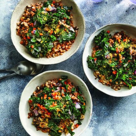 BROL Bowl with Sautéed Greens | NutritionFacts.org Greger Recipes, Sautéed Greens, Starch Solution Recipes, Kale Vegetable, Savory Quinoa, Michael Greger, Quinoa Breakfast Bowl, Sauteed Greens, Plant Based Diet Recipes