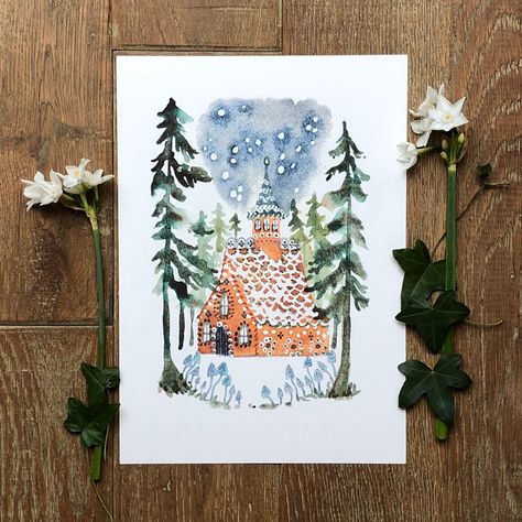 This is an inkjet print of a water colour painting I made. It is printed on to A4 220 gsm acid free paper, signed and dated. Gingerbread House Watercolor, Watercolor Gingerbread House, Gorgeous Christmas Cards, Procreate Drawings, Pretty Paintings, Water Coloring, Watercolor Birthday Cards, Learn Watercolor, Winter Watercolor