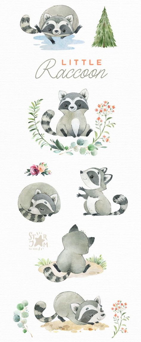 Skunk Illustration Cute, Cute Raccoon Art, Forest Animals Drawing, Cute Raccoon Drawing, Racoon Illustration, Raccoon Watercolor, Baby Forest Animals, Educational Illustrations, Forest Wreath