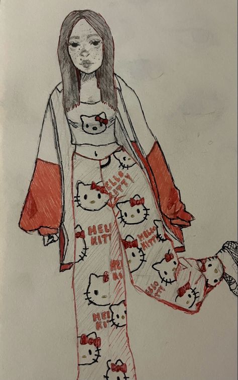 Hello Kitty Outfit Drawing, Hello Kitty Pants Drawing, Yk2 Art Drawing, Hello Kitty Clothes Drawing, Hello Kitty As A Person Drawing, Hello Kitty As Human Drawing, Hello Kitty Human Drawing, Hello Kitty Art Draw, Drawing Hello Kitty