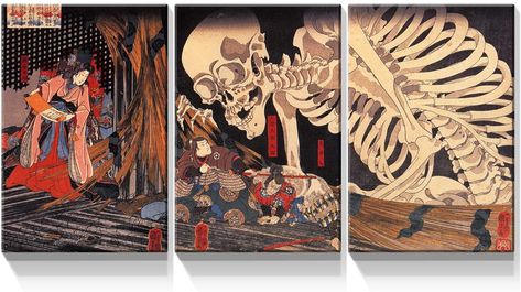 Asian Artwork, Triptych Art, Utagawa Kuniyoshi, Asian Wall Art, Japanese Wall Art, Japanese Wall, Woodcuts Prints, The Skeleton, Art Japonais