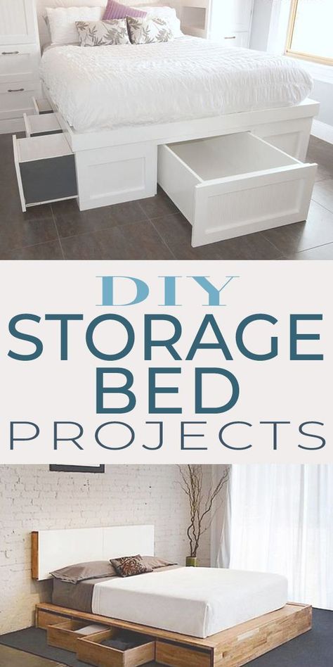 Save money building your own bed, and save space with extra storage! Check out these DIY projects and tutorials! #diystoragebeds #storagebeds #beds #storage #storage&organizing #bedroomstorage #diybedroomstorage #storageideas #diystorageideas #diystorageprojects #diyhomedecor Ikea Stolmen, Money Building, Diy Storage Projects, Diy Storage Bed, Diy Home Decor For Apartments, Diy Bedroom Storage, Diy Bed Frame, Diy Furniture Bedroom, Bed Frame With Storage