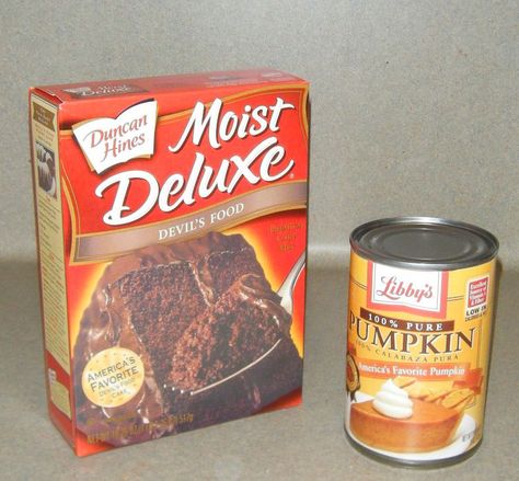 Ingredients: 1 box of Devil's Food Cake Mix 1 can of pumpkin That's it. Pre-heat oven to 400 degrees. Mix two ingredients together. (Don't bother looking at the box. You don't need eggs, oil, or anything else, just the pumpkin.) Transfer batter to a greased 9 inch pan. (Mixture should be thick, don't worry.) Bake 25 minutes.  Consistency is something between brownies and fudge. You can ice, but we usually don't. There is NO pumpkin taste what-so-ever, I promise. Low Fat Desserts, Hungry Girl Recipes, Devils Food Cake Mix Recipe, Chocolate Pumpkin, Devils Food Cake, Duncan Hines, Recipe Girl, Dessert Chocolate, Devils Food