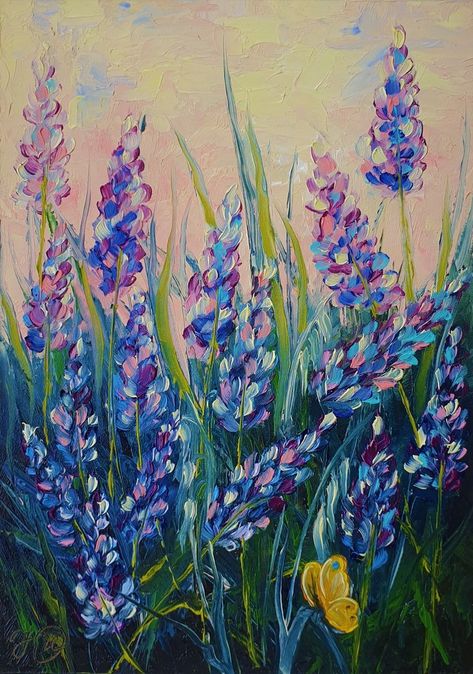 Bluebonnet painting. This painting is MADE TO ORDER, direct from my studio.
* Original handmade oil painting on panel.

* Name: Lupins and a butterfly.

* Painter: Illarionova Yulia

* Size 7 x 5 in. If you want to order a painting in a different size, please contact me.

* Material: Panel, professional oil paints.

* Processing time﻿ 5-10 business days.

* Signed and dated by the artist.

* Shipped with tracking.

* All items are shipped in protective packaging. Bluebonnet Painting, Color Art Lessons, Canvas Art Painting Acrylic, Painting Butterfly, Abstract Floral Art, Handmade Oil, Flower Art Painting, Ethereal Art, Art Inspiration Painting