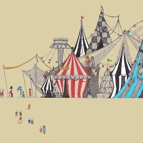 Circus Illustration Artworks, Circus Concept Art, Circus Art Illustration, Circus Tent Drawing, Circus Tent Illustration, Circus Artwork, Circus Drawing, Circus Painting, Circus Tents