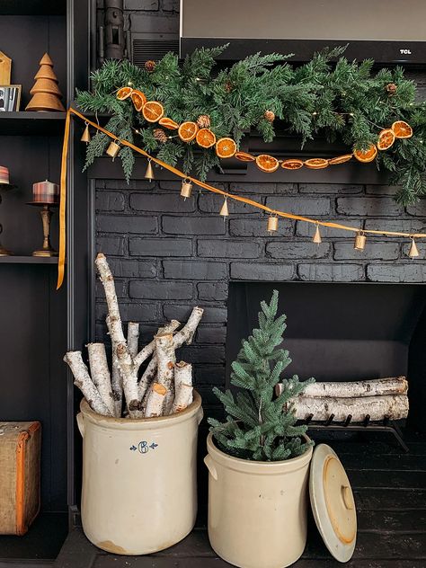 Fireplace Wall Black, Black Fireplace Christmas, Drying Orange Slices, European Cottage Style, Mantle For Christmas, Black Mantle, Cottage Makeover, Fireplace Christmas, My 2022