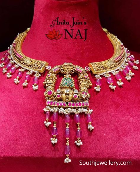 Latest Kanti Necklace Designs, Venkateswara Swamy Necklace, Venkateswara Pendant, Gold Kante Designs, Kante Necklace Designs, Kante Gold Necklaces, Naj Jewellery, Gold Jewellery India, Venkateswara Swamy