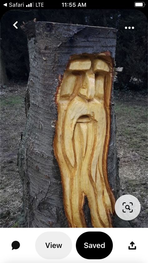 Wood Carving Ideas For Beginners, Easy Wood Carving Ideas, Easy Wood Carving, Wood Carving Ideas, Wooden Garden Ornaments, Chainsaw Carving Patterns, Chainsaw Wood Carving, Carved Tree, Wood Carving Faces