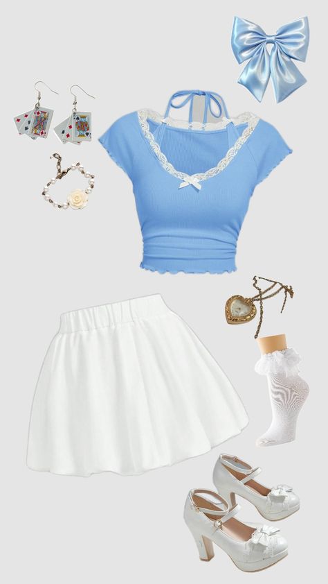 Alice in wonderland inspired outfit ♠️♥️♣️♦️ Disneybound Outfits Alice In Wonderland, Alice Wonderland Outfit, Alice And Wonderland Outfit Ideas, Alice In Wonderland Bounding, Disney Bound Alice In Wonderland, Alice In Wonderland Outfit Ideas Modern, Alice In Wonderland Aesthetic Outfit, Wonderland Inspired Outfits, Alice In Wonderland Outfit Ideas