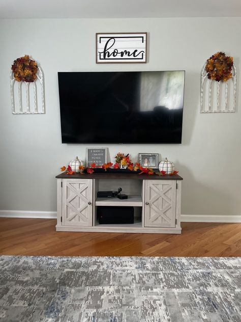 Living room, tv stand decor Decorate Around Tv Stand, Living Room Tv Stand Decor, Room Tv Stand, Decor Around Tv, Fall Farmhouse Decor, Tv Stand Decor, Fall Farmhouse, Farmhouse Fall Decor, Living Room Tv Stand