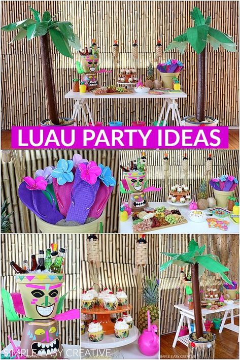 LUAU PARTY IDEAS :: These fun Hawaiian Luau Party Ideas are fun and easy! Make your own Palm Trees, Tiki Head and Flowers! #luaupartyideas #hawaiianluaupartyideas #partner #ducktapeflowers #partyideas Backyard Luau Party Decorations, Tiki Party Ideas Backyards, Adult Luau Party Ideas, Hawaiian Luau Party Ideas, Tiki Birthday Party, Sleepover Bday, Advanced Crafts, Kids Luau Parties, Hawai Party