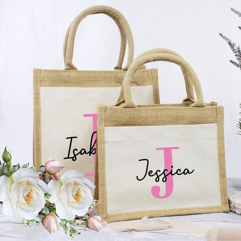 Lunch Work, Personalised Jute Bags, Hen Party Bags, Personalized Canvas Tote, Pink Names, Bridesmaid Gift Bags, Bag Lunch, Initial Gifts, Sac Lunch