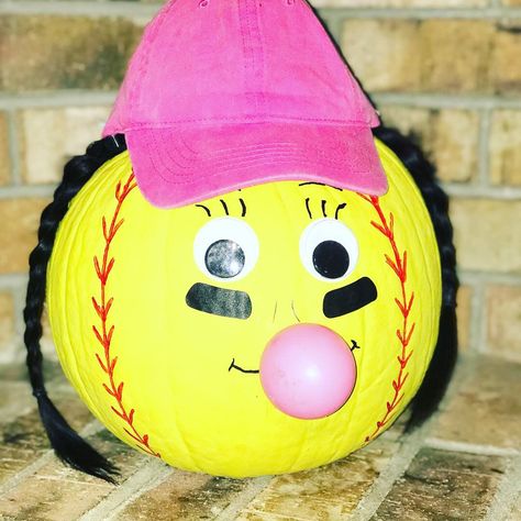 Sports Pumpkin Painting Ideas, Softball Trunk Or Treat Ideas, Softball Pumpkin Ideas, Softball Pumpkins, Cheerleader Pumpkin, Baseball Pumpkin, Halloween Softball, Pumkin Ideas, Pumpkin Carving Pattern