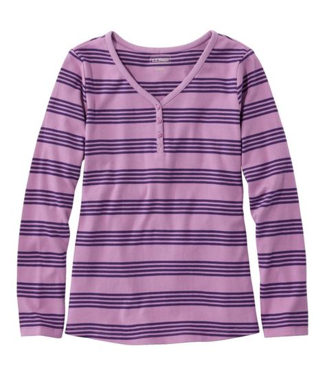 Knit from soft, high-quality combed cotton, our best-value striped V-neck henley is designed to look great and keep its vibrant color wash after wash. Slightly Fitted: Softly shapes the body. Falls at hip. 100% cotton. Interlock-knit from fine, strong yarns that are ultrasoft and resist pilling. Machine wash and dry. V-neck with three-button henley placket. Imported. Fit: Slightly Fitted | Women's L.L.Bean V-Neck Henley, Long-Sleeve Stripe, Cotton Purple Striped Shirt, Wishlist Board, Casual Cotton Top, Striped Long Sleeve Tee, Purple T Shirts, Design Clothes, Striped Long Sleeve Shirt, Fashion Wishlist, Fashion Design Clothes