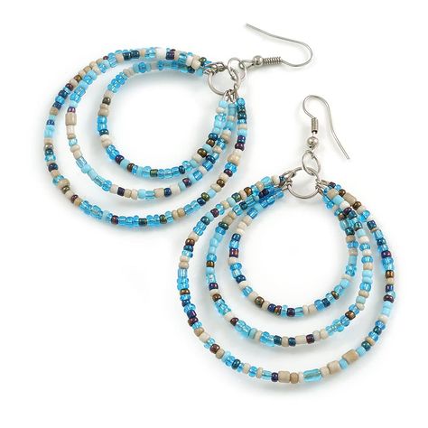 PRICES MAY VARY. Add the perfect finishing touch to your look with a pair of trendy earrings that have an undeniable, modern appeal. Featuring a large size triple hoop design, made of silver tone metal wires and decorated with tiny glass beads in hues of light blue, antique white and peacock. They measures about: 75mm Long, 50mm Wide. Secure with a shepherds hook fastening, suitable for pierced ears only. Each earring weight is about 4g. Simple Bead Earrings, Beaded Wedding Jewelry, Everyday Necklaces, Blue Antique, Glass Bead Earrings, Beaded Earrings Diy, Shepherds Hook, Hair Jewellery, Beaded Jewelry Tutorials