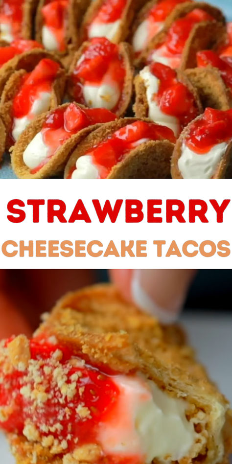 These Strawberry Cheesecake Tacos have a crispy graham cracker shell with a thick cheesecake filling and topped with a strawberry glaze. Strawberry Crunch Cheesecake Tacos, Thick Cheesecake, Strawberry Cheesecake Tacos, Gourmet Cheesecake, Strawberry Cheesecake Chimichangas, Dessert Tacos, Cheesecake Tacos, Sweet Taco, Ultimate Cheesecake