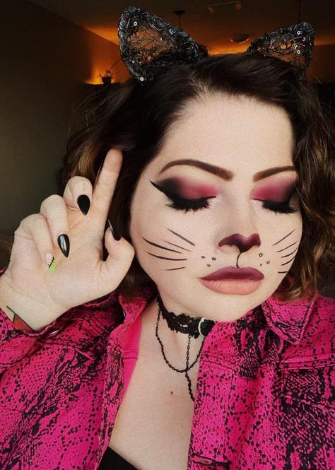 Pink Cat Makeup for Halloween Pink Cat Makeup Halloween, Pink Cat Makeup, Cat Makeup Halloween Pretty, Feline Makeup, Pink Cat Costume, Cat Makeup For Halloween, Cat Makeup Look, Halloween Cat Makeup, Cat Costume Makeup