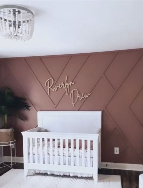 Wood Wall Design Ideas Nursery, Nursery Accent Wall With Name, Modern Nursery Accent Wall, Nursery Wall Trim, Accent Wall Ideas Nursery, Baby Room Design Girls, Nursery Panelling Wall, Accent Wall Baby Room, Baby Nursery Accent Wall