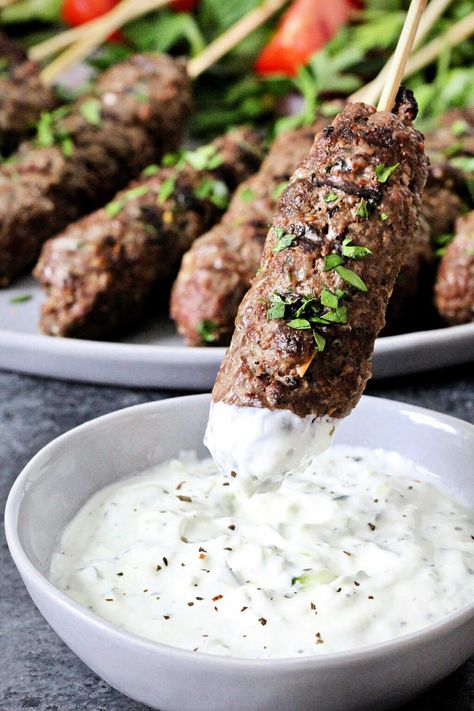 Beef Kofta Kebabs with Tzatziki Sauce - The Foodie Physician Turkish Dips Sauce Recipes, Greek Kofta Recipe, Beef Kefta, Greek Beef Recipes, Muscle Recipes, Kofta Kebab, Beef Kofta, Lamb Koftas, Lamb Kofta