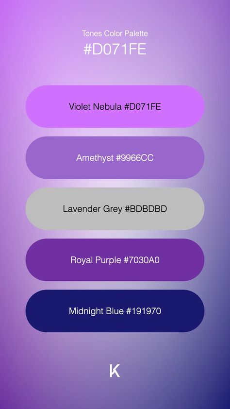 Tones Color Palette Violet Nebula #D071FE · Amethyst #9966CC · Lavender Grey #BDBDBD · Royal Purple #7030A0 · Midnight Blue #191970 Lavender Grey, Hex Color Palette, Hex Colors, The Cosmos, Royal Purple, Unique Colors, Color Palettes, Midnight Blue, Cosmos