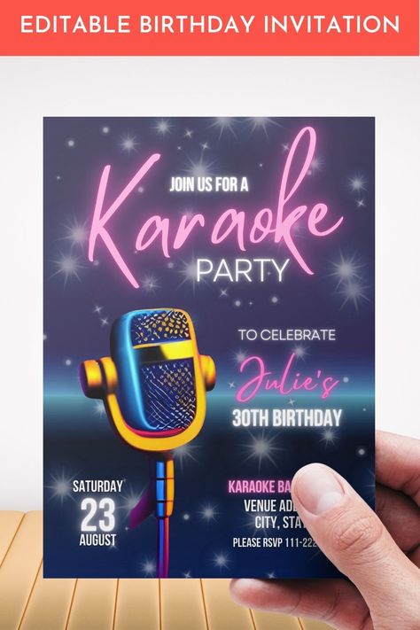 Karaoke Birthday Party Invitations, Karaoke Theme Party, Karaoke Party Invitations, Karaoke Birthday Party, Microphone Illustration, Music Party Invitations, Karaoke Birthday, Graphic Design Invitation, Fun Fonts