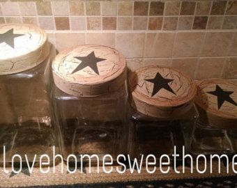 Narrow Kitchen Storage, Country Primitive Decor, Kitchen Storage Boxes, Crackle Painting, Glass Canisters, Black Stars, Americana Decor, Smart Kitchen, Primitive Crafts