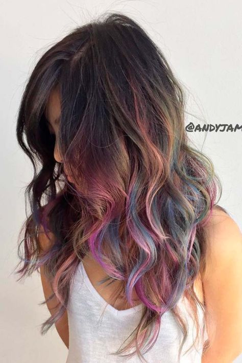 Rainbow Hair Ideas for Brunette Girls — No Bleach Required ★ See more: http://lovehairstyles.com/rainbow-hair-ideas-brunette-girls/ Colored Hair Ends, Oil Slick Hair Color, Rainbow Hair Color Ideas, Kids Hair Color, Hair Lights, Oil Slick Hair, Brunette Girls, Underlights Hair, Colour Hair