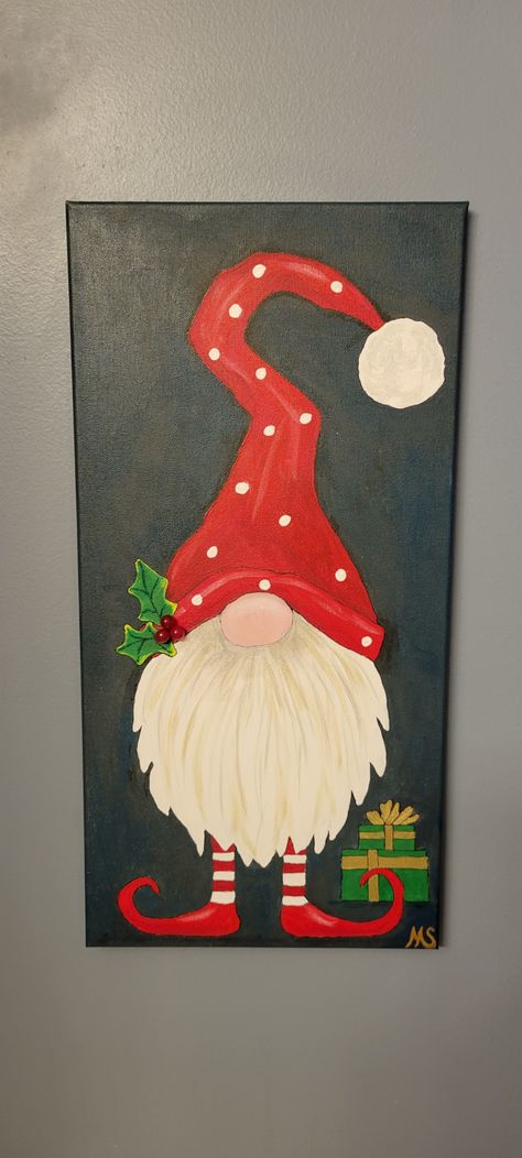 Christmas gnome with holly. Christmas Nomes Paintings Easy, Easy Christmas Gnome Painting, Elf Canvas Painting, Acrylic Painting Knomes, Christmas Paintings Easy, Christmas Gnome Acrylic Painting, Paintings Easy, Christmas Canvas Art, Gnome Pictures