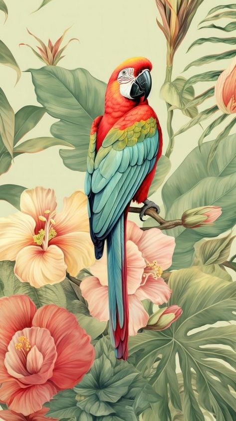 Vintage wallpaper parrot flower animal. | premium image by rawpixel.com / Boom Palm Tree Outline, Green Iphone Wallpaper, Iphone Wallpaper Pastel, Parrot Flower, Macaw Bird, Parrot Wallpaper, Tree Outline, Toile Wallpaper, Vintage Parrot