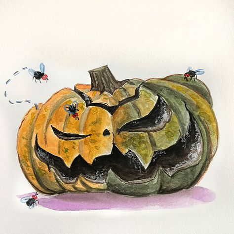 Part of 2022 Inktober / Drawtober / Drawlloween /october art annual challenge. Chose to do a variety of pumpkins as cute jack-o-lanterns all in gouache. w/ flies, rotted pumpkin Rotting Pumpkin, October Art, Lantern Art, Pumpkin Art, Watercolor Cards, Jack O Lantern, Halloween Costumes, Halloween, Anime