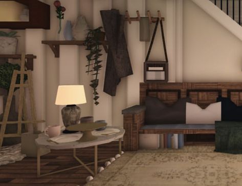 Bloxburg Apartment Room Ideas, Dark Academia Bloxburg Bedroom, Bloxburg Living Room Ideas Aesthetic, Bloxburg Entryway, Bloxburg Entryway Ideas, Realistic Bloxburg House Exterior, Bloxburg Office Ideas, Bloxburg Realistic House, Penthouse Design