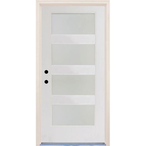 $856     Builders Choice 36 in.x80 in. Elite Righthand 4Lite Satin Etch Glass Contemporary Unfinished Fiberglass Prehung Front Door w/ Brickmould Midcentury Modern Front Door, Contemporary Doors, Garage Door Design, Modern Front Door, White Door, Retro Renovation, Exterior Front Doors, Fiberglass Door, Privacy Glass