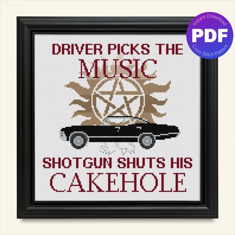 Supernatural inspired cross stitch pattern - Driver Picks the Music quote, Sam and Dean, the impala, PDF instant download Supernatural Cross Stitch, Music Quote, Easy Cross Stitch Patterns, Funny Cross Stitch Patterns, Dmc Embroidery Floss, Cross Stitch Funny, Simple Cross Stitch, Cross Stitch Art, Cute Crafts