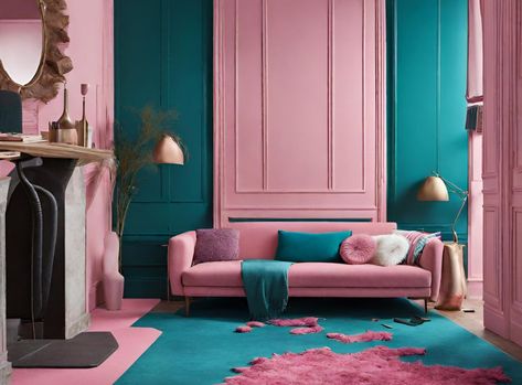 Pink And Teal Living Room, Teal Living Room, Teal Living Rooms, Teal Decor, Pink Carpet, Room With Plants, Teal And Pink, Creative Home, Living Room Carpet