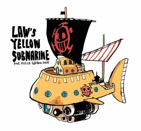 Law's Yellow Submarine, text, Jolly Roger, Heart Pirates; One Piece Polar Tang One Piece, Water 7 One Piece, One Piece Tattoo, Law One Piece, Heart Pirates, Arte Indie, One Piece Tattoos, Trafalgar Law, One Piece Drawing