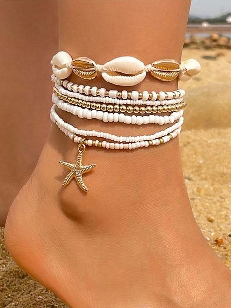 7pcs Bohemian Style Beachy Sea Star, Shell And Rice Bead Elastic Anklet Set, SummerI discovered amazing products on SHEIN.com, come check them out! Beachy Anklets, Bead Anklet, Surf Jewelry, Ankle Jewelry, Women Anklets, Diy Bracelets Easy, Rice Bead, Sea Star, Jewelry Fashion Trends