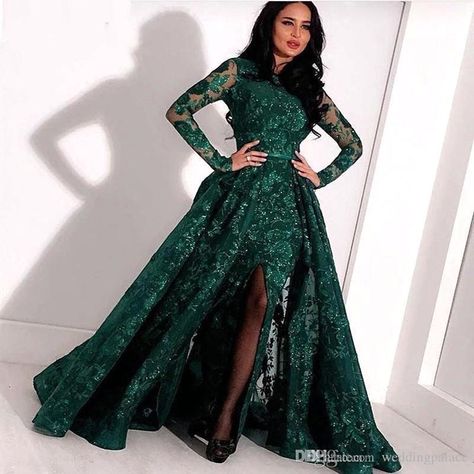 Green Sparkly Prom Dresses, Sparkly Prom Dresses Long, High Neck Prom Dress, Muslim Evening Dresses, Sparkly Prom Dresses, Evening Dresses With Sleeves, Long Sleeve Prom, Designer Evening Dresses, Long Evening Gowns