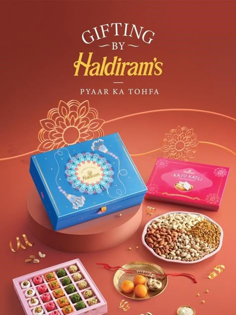 Haldiram’s, India’s popular snacks and sweets brand, has recently launched a heartwarming campaign “Pyaar Ka Tohfa” underlining the ever-lasting bond between brothers and sisters on this Raksha Bandhan. Alongside its diverse range of delectable and well-designed gifting range of sweets, nuts & chocolates, as part of the Pyaar Ka Tohfa campaign, Haldiram’s has unveiled a […] The post Haldiram’s Launches ‘Pyaar Ka Tohfa’ Campaign Celebrating Raksha Bandha... Raksha Bandhan Design, Gift Creative Ads, Sweets Creative Ads, Diwali Campaign, Diwali Shoot, Laxmi Narayan, Sweet Box Design, Gifts Banner, Sweet Hampers