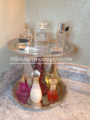 Short and Sassy: EASY DIY PERFUME DISPLAY Diy Perfume Display, Bathroom Vanity Area, Dollar Tree Makeup, Dollar Tree Candle Holders, Luxurious Perfume, Makeup Shelves, Perfume Display, Tall Candle Holders, Diy Perfume