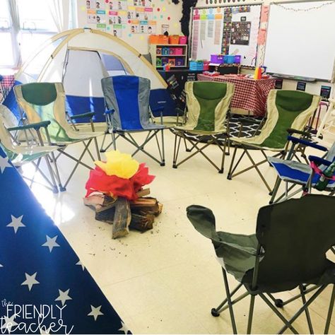 Camping In The Classroom, Camp Read A Lot, Camping Room, Camp Read, Camping Classroom, Teaching Holidays, Imagination Station, Classroom Transformation, Teacher Lessons