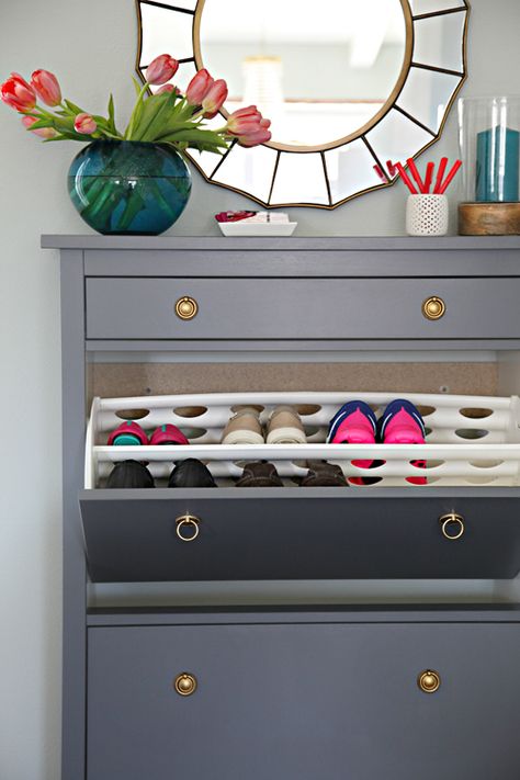 One Room Challenge Week 3 - Painted Shoe Cabinet & Seating Update Entryway Apartment, Ikea Hemnes Shoe Cabinet, Hemnes Shoe Cabinet, Ikea Shoe Cabinet, Ikea Shoe, Entryway Shoe Storage, Small Entryways, Space Apartments, Decor Ikea