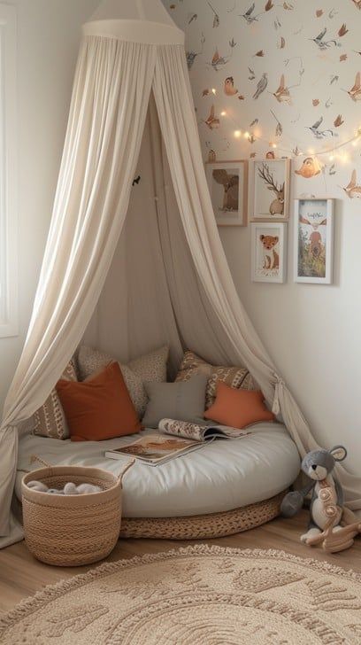 This inviting reading nook, nestled in a corner of a room, beckons with its plush circular seat cushion and an array of soft throw pillows in warm colors. A sheer canopy drapes elegantly above, creating a sense of privacy and serenity. The wallpaper adorned with delicate butterflies adds a whimsical touch, while framed illustrations contribute to the enchanting ambiance. A basket nearby is filled with fuzzy balls, hinting at playful moments, and a soft toy mouse sits patiently, keeping ... Reading Area In Nursery, Bedroom Corner Seating Ideas, Toy Room Reading Corner, Playroom With Reading Nook, Reading Corner With Hanging Chair, Comfy Nook Ideas, Reading Corner Inspo Bedroom, Cozy Pillow Corner, Teenage Reading Nook