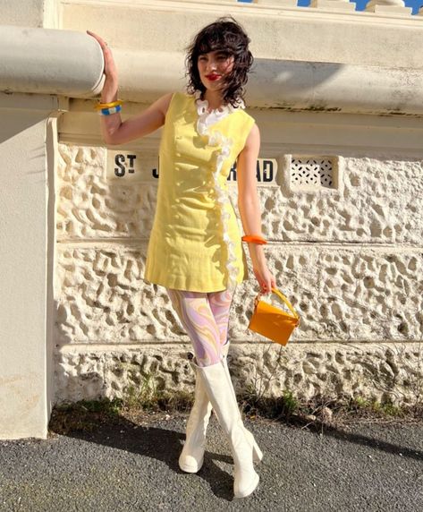 70s, 70s fashion, 70s dress, vintage dress, vintage, vintage fashion, vintage outfit, 70s outfit, pastel yellow, yellow, pastel colours, emma winder Yellow Retro Outfit, Retro Outfits 80s Style, 19s Fashion, Tights Fashion, Save Outfits, 60s And 70s Fashion, 60s Fashion, 80s Fashion, Party Fashion