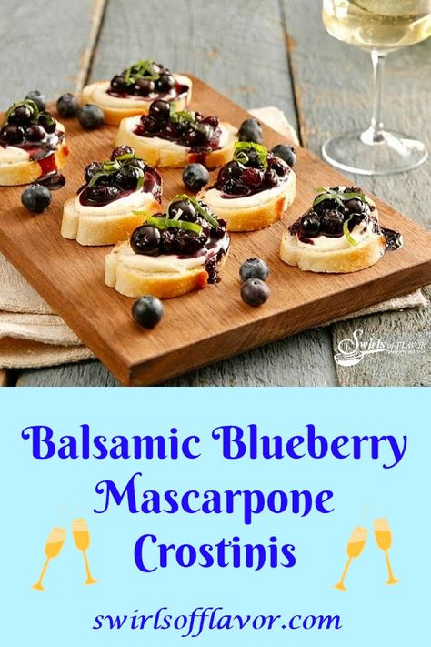 Balsamic Blueberry Mascarpone Crostinis is a quick and easy appetizer recipe. Perfect for last minute entertaining, toasts are topped with a sweet and tangy mascarpone cheese and a blueberry compote with hints of balsamic vinegar and fresh basil, a delicious flavor combination. #appetizer #entertaining #holiday #newyearseve #christmas #summer #blueberry #balsamicvinegar #cheese #easyrecipe #swirlsofflavor Blueberry Crostini, Goat Cheese Recipes Appetizers, Blueberry Mascarpone, Mascarpone Recipe, Blueberry Goat Cheese, Cheese Recipes Appetizers, Cheese Crostini, Goat Cheese Crostini, Easter Food Appetizers