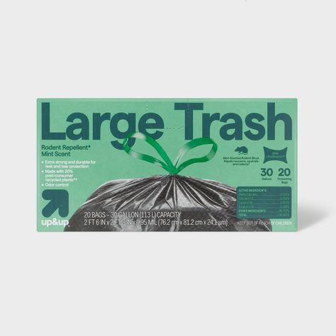 Take on your everyday tidying and trash tasks with ease with these Mint Scent Extra-Strong Large Drawstring Trash Bags from up & up™. These large trash bags are designed with a 30-gallon capacity and a gripping drawstring closure at the top so you can securely close the bag when you take out the trash. Extra-strong and durable construction provides leak and tear protection, while a mint-scented rodent block repels raccoons and rodents. We believe making smart choices for the people, places, and Take Out The Trash, Rodent Repellent, Packing Design, Trash Bag, Trash Bags, Bag Packaging, Clean Laundry, Rodents, Take Out