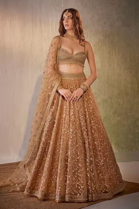 Buy Gold Organza Embroidered Sequin Sweetheart Floral Vine Lehenga Set For Women by Cedar & Pine Online at Aza Fashions. Indian Glam Outfit, Birthday Lehenga, Gold Lengha, Blouse With Tassels, Golden Lehenga, Sequin Lehenga, Seema Gujral, Reception Outfits, Desi Fits